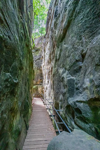Wooden path on a hiking trail between narrow rocky grooves or walls of eroded rock formations, hillside with green trees in background, sunny day in Teufelsschlucht nature reserve, Irrel, Germany