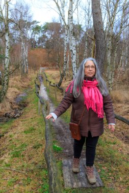 Olgun bir kadın yürüyüşçü çamurlu arazide, çıplak ağaçlar arasında dar bir yaya yolunu geçmeyi bitiriyor, Hoge Kempen Ulusal Parkı 'nda soğuk bir sonbahar günü, Lieteberg Zutendaal Limburg, Belçika