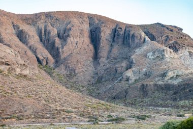 Kurak çöl manzarasında gün batımında kayalık dağ, kaktüslü, bozkırlı kurak arazi, Baja California Sur, Meksika 'da seyrek yabani ot ve bitki örtüsü