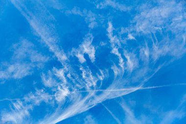 Cirrus clouds and water vapor trails left by airplanes against clear blue sky in background in sunny day, form of thin filaments clipart