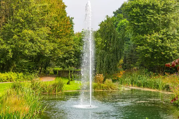 Hollanda halk parkı. Çeşmeli bir gölet, yeşil yapraklı yemyeşil ağaçlarla çevrili yaya yolu, Güney Limburg, Hollanda 'da güneşli bir yaz günü.