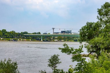 Sakin suları, arka planda asılı kulübeleri, yapraklı ağaçlarla çevrili Ren nehri, Almanya 'nın Köln kentindeki Ren parkından görülen bulutlu bir gün.