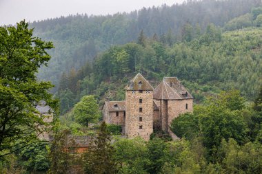 Warche Vadisi 'ndeki dağların, kulelerin ve tuğla duvarların arasındaki Reinhardstein kalesinin hava manzarası yeşil yapraklı ağaçlar ve vahşi bitki örtüsü sisli ve bulanık arka plan soğuk yaz sabahı Waimes, Belçika' da
