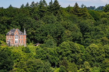 Kapalı çatıları ve gri konik kubbeleri olan saray tarzı binalar, arka planda bol yeşil yapraklı ağaçlarla çevrili pencereler, La Roche-en-Ardenne, Wallonia bölgesi, Belçika 'da güneşli bir yaz günü.