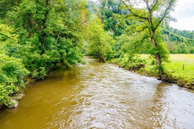 Küçük bir nehir, yüksek açı perspektifinden bakıldığında kıyılarda hafifçe akan sular, yeşil yapraklı ağaçlar ve arka planda bir tepe, Drehance, Namur, Belçika 'da bulutlu bir yaz günü