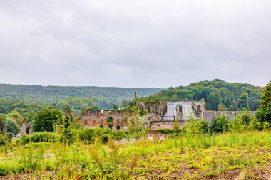 Arka planda eski Aulne Manastırı 'nın kalıntıları, tuğla kaplı duvarlar, bulutlarla kaplı ağaçlarla kaplı tepeler Thuin, Wallonia, Belçika' da yaz günü bulutlarla kaplı.