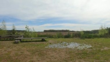 Dinlenme yeri ve manzarası, piknik masası ve Mechelse Heide girişinde ahşap bank arka planda, Hoge Kempen Ulusal Parkı, As, Limburg, Belçika 'da güneşli bir gün. Seyyar çekim.