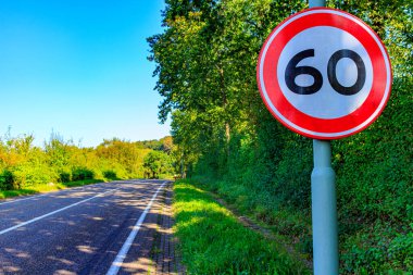 Boş bir vilayet yolunda maksimum hız için trafik tabelası. Yeşil yapraklı ağaçlar ve yeşil gökyüzü, bulanık arka planda. Hollanda 'da güneşli bir gün.