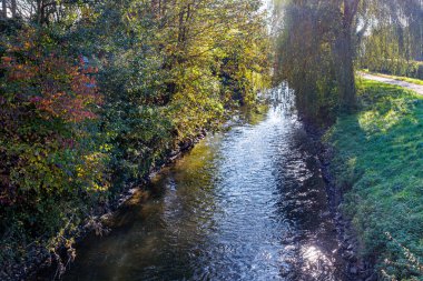 Wurm Nehri yeşil çimenler, yabani bitki örtüsü ve sonbahar ağaçları, su yüzeyindeki güneş ışığının yansıması, yukarıdan manzara, Almanya 'nın Ubach-Palenberg şehrinde güneşli bir gün