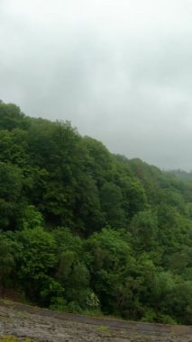 Gileppe barajından nehre akan panoramik su görüntüsü, Ardennes 'in göbeğindeki yemyeşil ağaçlarla kaplı tepeler, Belçika, Wallonia' da bulutlu ve sisli bir gün. Dikey video