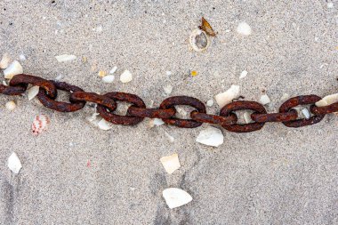 Kumsalda kumların üzerinde kırık kabuk kalıntıları olan paslı metal zincir, balıkçı teknesinin parçaları, çevre kirliliği konsepti, La Paz, Baja California Sur Mexico 'da kış günü