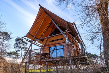 Ahşap direkler üzerinde yükselen küçük safari kulübesi, altında ahşap duvarlar ve tepesinde su geçirmez PVC muşamba, üstünde panoramik balkon, Hollanda doğasında kış günü Herkenbosch, Hollanda 'da