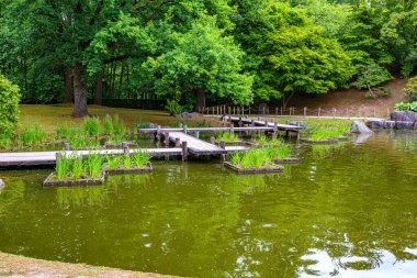 Zigzag ahşap köprü, ya da Yatsuhashi, durgun gölet sularını, yaya yollarını ve arka planda yapraklı ağaçları, Hasselt, Belçika 'daki Japon bahçesinde bulutlu bir bahar gününü kapsar.