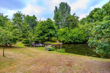 Japon bahçesindeki yapraklı ağaçlarla çevrili göl manzarası, göletin kıyısında sarımsı yeşil çimlerle kaplı küçük ovalar, arka planda bol bitki örtüsü, Hasselt, Belçika 'da bulutlu bir gün.