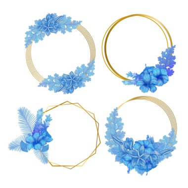 Suluboya Yaprak ve Çiçek Çerçeve Kümesi, Mavi Yapraklar.