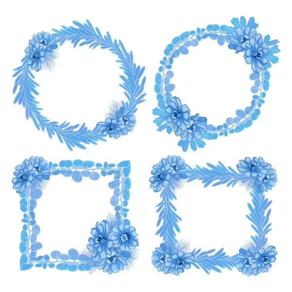 一套水彩画叶和花框架 蓝色叶脉 — 图库矢量图片