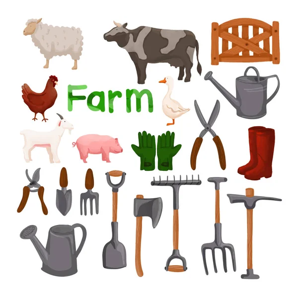 Set Watercolor Agriculture Farm Tools Clipart — Stock Vector