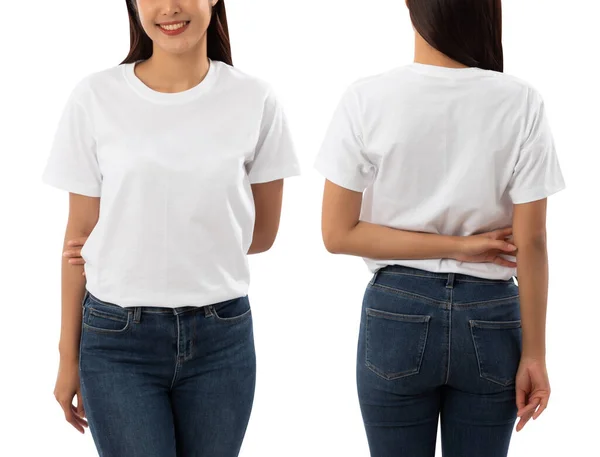 Jovem Mulher Branco Camiseta Mockup Isolado Fundo Branco Com Recorte — Fotografia de Stock