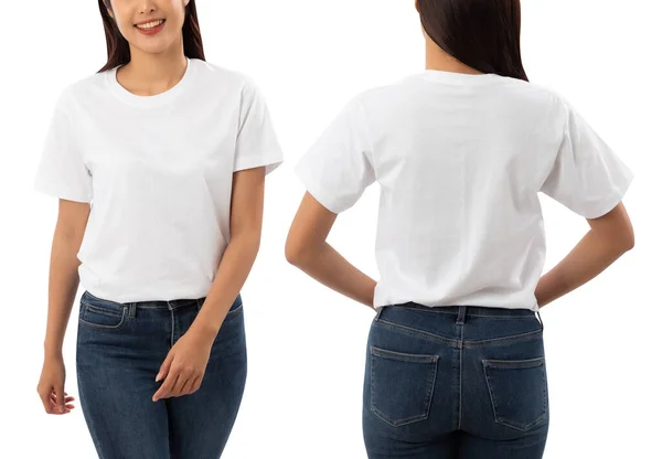 Giovane Donna Bianco Shirt Mockup Isolato Sfondo Bianco Con Percorso — Foto Stock