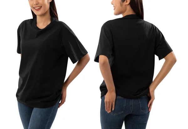 티셔츠를 여자가 배경에서 고립되어 — 스톡 사진