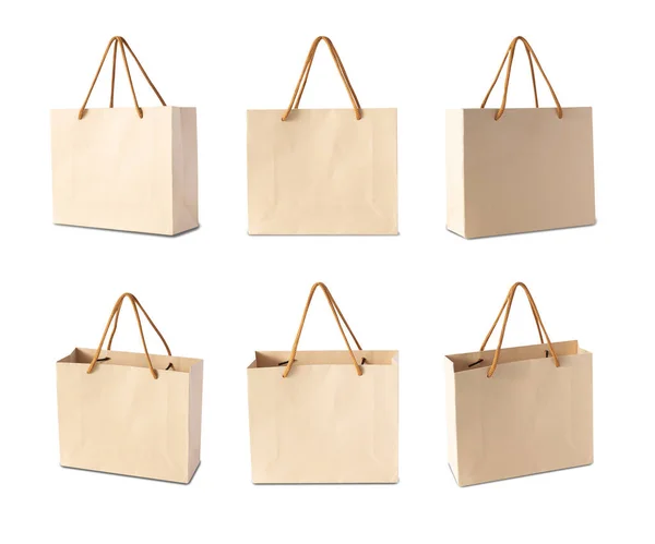 Set Brown Paper Shopping Bag Isolated White Background Clipping Path — ストック写真