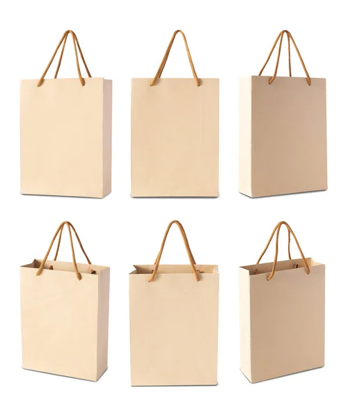 Set Brown Paper Shopping Bag Isolated White Background Clipping Path — Fotografia de Stock