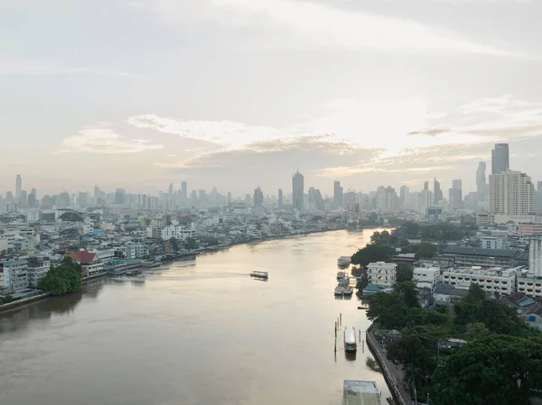 stock image Aerial view of Bangkok city on the Chaophraya River at sunrise scene, Thailand business capital.