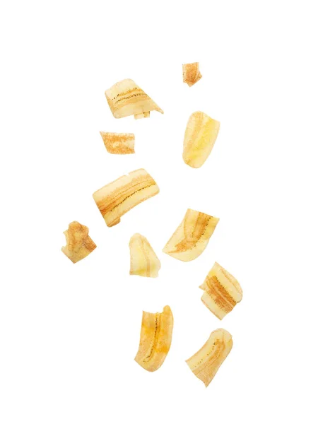 Падение Банановые Чипы Изолированы Белом Фоне Вырезкой Путь — стоковое фото