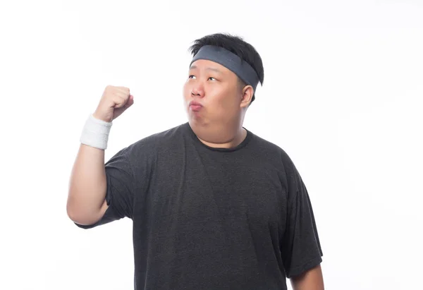 Mladý Asijské Legrační Tuk Sportovní Muž Ukazující Sílu Izolované Bílém — Stock fotografie