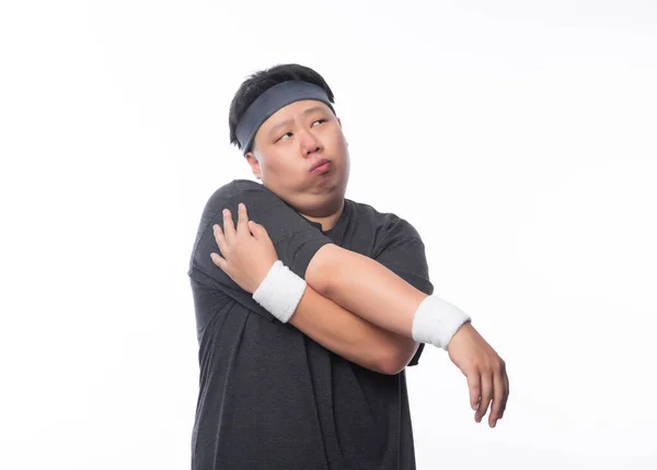 Mladý Asijské Legrační Tuk Sportovní Muž Strečink Před Cvičením Izolované — Stock fotografie