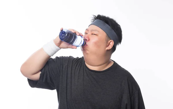 Jovem Asiático Engraçado Gordo Esporte Homem Bebendo Água Após Exercício — Fotografia de Stock