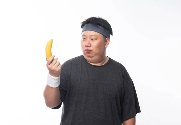 Junge Asiatische Lustige Dicke Sportmann Mit Banane Isoliert Auf Weißem — Stockfoto