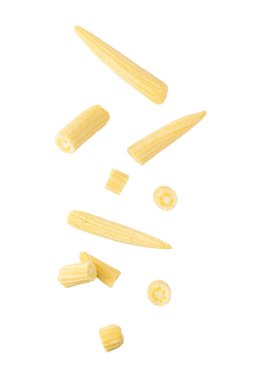 Falling Baby corn isolated on white background with clipping path. clipart