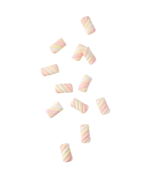 Düşen Marshmallow Gökkuşağı Kıvrımı Kırpma Yolu Ile Beyaz Arkaplanda Izole — Stok fotoğraf