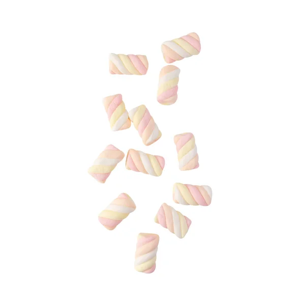 Falling Marshmallow Rainbow Twist Isolated White Background Clipping Path — Stock Photo, Image