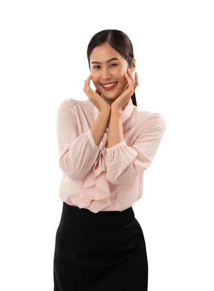 Porträt Einer Lächelnden Asiatischen Frau Isoliert Auf Weißem Hintergrund Mit — Stockfoto