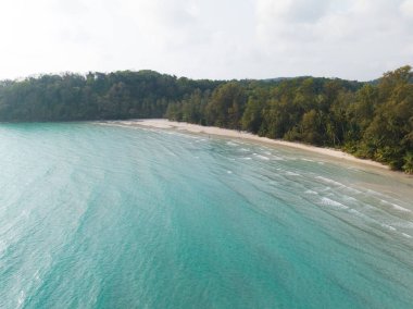 Turkuaz deniz suyu ve Tayland Körfezi 'nin palmiye ağaçları ile güzel kumsal manzarası. Kood Adası, Tayland.