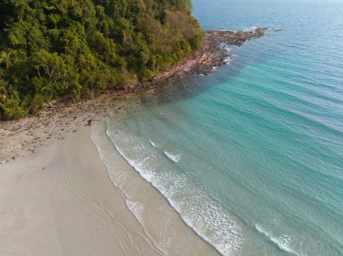 Turkuaz deniz suyu ve Tayland Körfezi 'nin palmiye ağaçları ile güzel kumsal manzarası. Kood Adası, Tayland.