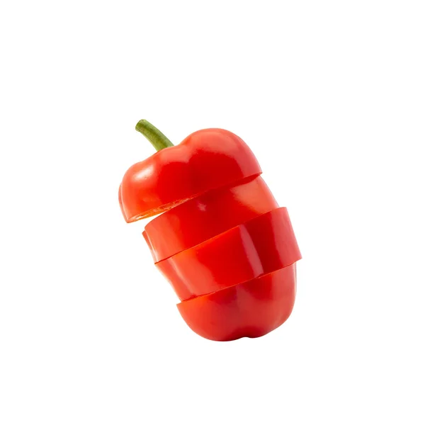 Falling Red Bell Pepper Slice Isolated White Background Clipping Path — Stock Photo, Image