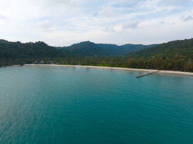 Turkuaz deniz suyu ve Tayland Körfezi 'nin palmiye ağaçları ile güzel kumsal manzarası. Kood Adası, Tayland.