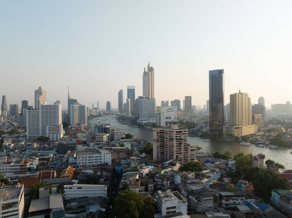 An aerial view of Bangkok downtown, Business city, Flying over Bangkok, Thailand.