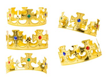 Set of Realistic Golden Crown isolated on white background with clipping path.