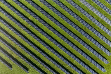 Güneşli yaz gününde açık bir alanda büyük güneş panelleri