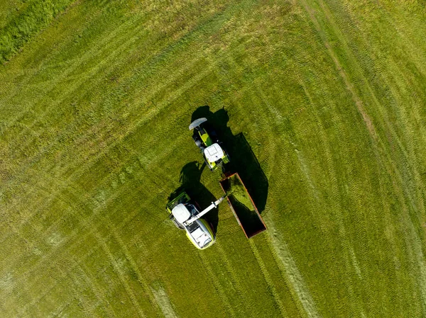 Luchtfoto Van Landbouwgebied Met Trekkers Die Gras Verzamelen Voor Kuilvoer — Stockfoto