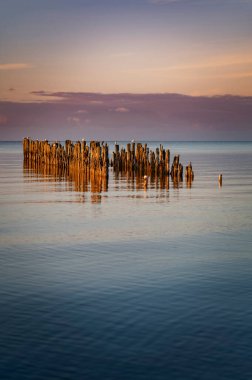 Engure, Letonya 'daki Old Pier' i gün batımında yakalayın. Baltık Denizi.