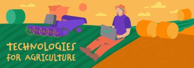 Smart farming with agricultural app controlling the process. Innovation technology in agriculture. Technik assisting farmers. High tech agro company background. Editable isolated vector illustration