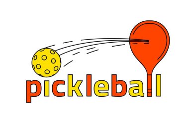 Pickleball symbol. New indoor or outdoor racket sport with solid-faced paddles, that combines many elements of tennis, badminton and ping-pong. Editable vector illustration on a transparent background