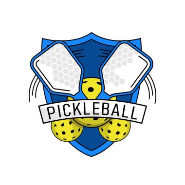 Pickleball symbol. New indoor or outdoor racket sport with solid-faced paddles, that combines many elements of tennis, badminton and ping-pong. Editable vector illustration on a transparent background