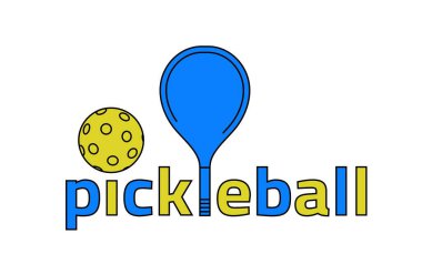 Pickleball symbol. New indoor or outdoor racket sport with solid-faced paddles, that combines many elements of tennis, badminton and ping-pong. Editable vector illustration on a transparent background
