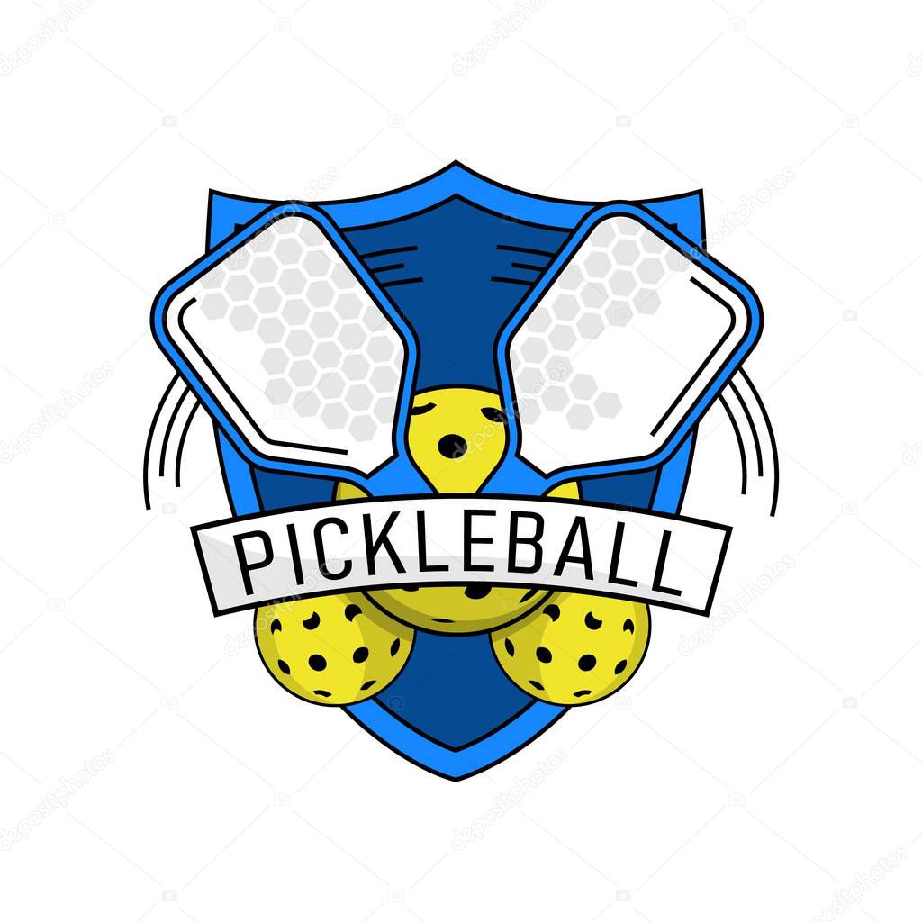 Pickleball symbol. New indoor or outdoor racket sport with solid-faced paddles, that combines many elements of tennis, badminton and ping-pong. Editable vector illustration on a transparent background